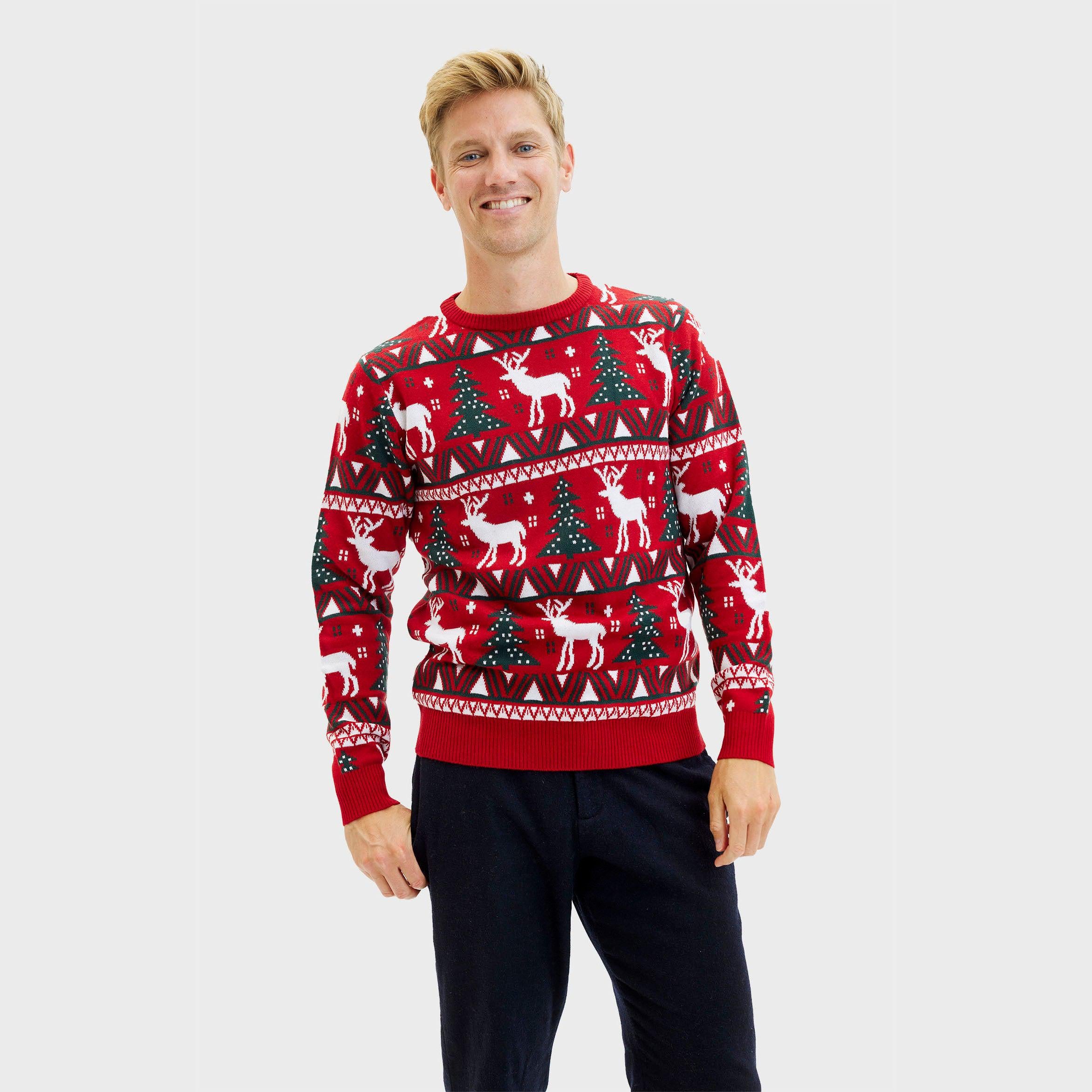 Roter Weihnachtspullover Herren mit Rentier- und Tannenbaum-Muster, Acryl, langärmlig, weihnachtspyjama herren.